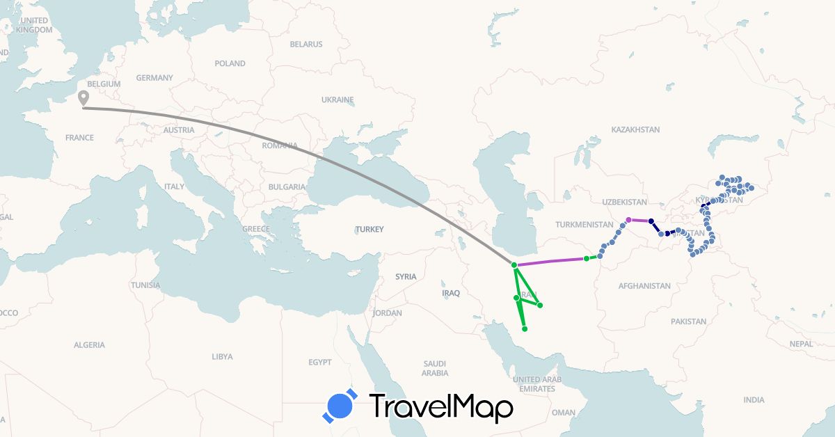 TravelMap itinerary: driving, bus, plane, cycling, train in Afghanistan, France, Iran, Kyrgyzstan, Kazakhstan, Tajikistan, Turkmenistan, Uzbekistan (Asia, Europe)