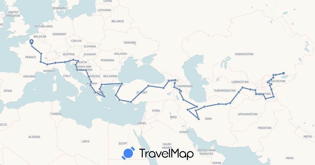 TravelMap itinerary: driving, cycling in Albania, Armenia, Bosnia and Herzegovina, France, Georgia, Greece, Croatia, Iran, Italy, Kyrgyzstan, Kazakhstan, Montenegro, Slovenia, Tajikistan, Turkmenistan, Turkey, Uzbekistan (Asia, Europe)